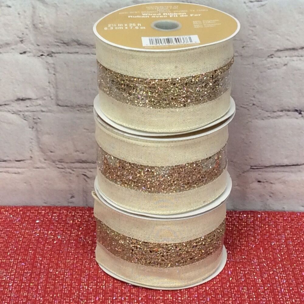 Celebrate it Christmas Ribbon 3 Rolls Burlap w/Gold Glitter Stripe 2.5” x 25’ Ea - Picture 2 of 6
